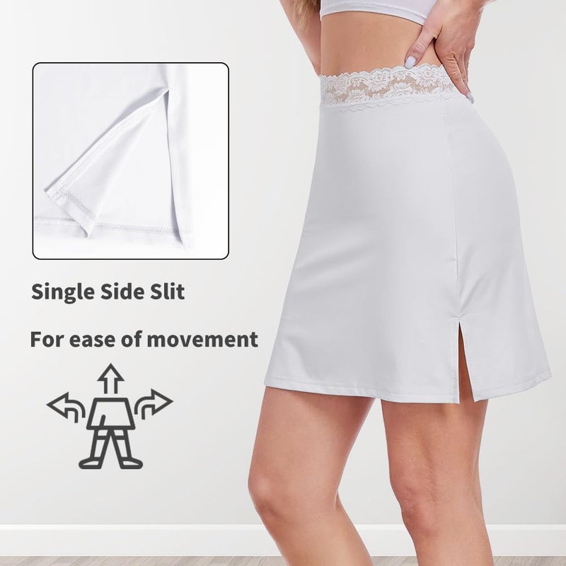 MANCYFIT Half Slips for Women Underskirt Short Mini Skirt with Floral Lace Waistband White Medium - Image 3